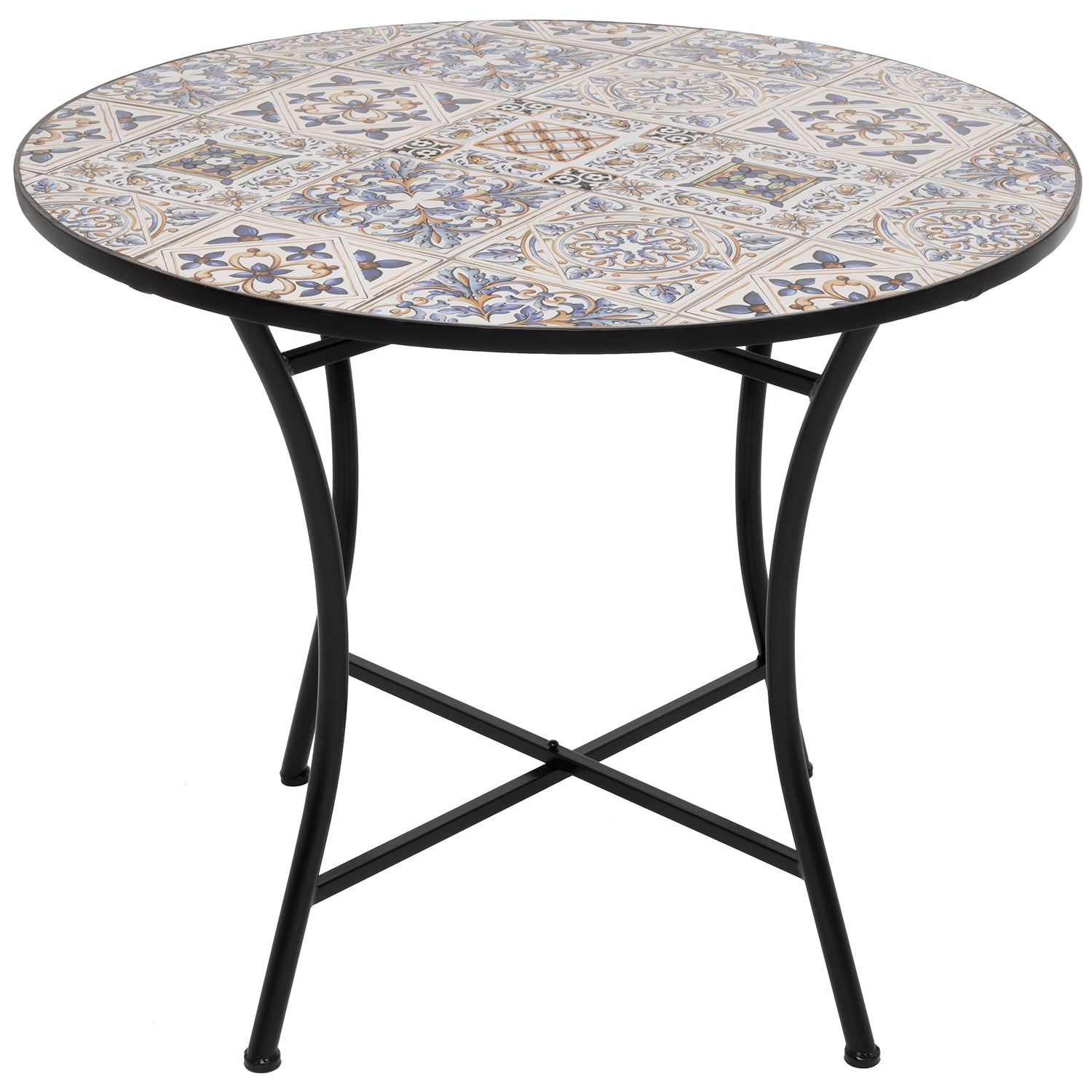 VESTIAMO CASA - Tavolo Tondo in metallo nero con top maioliche Blu - h75 cm diametro 90 cm